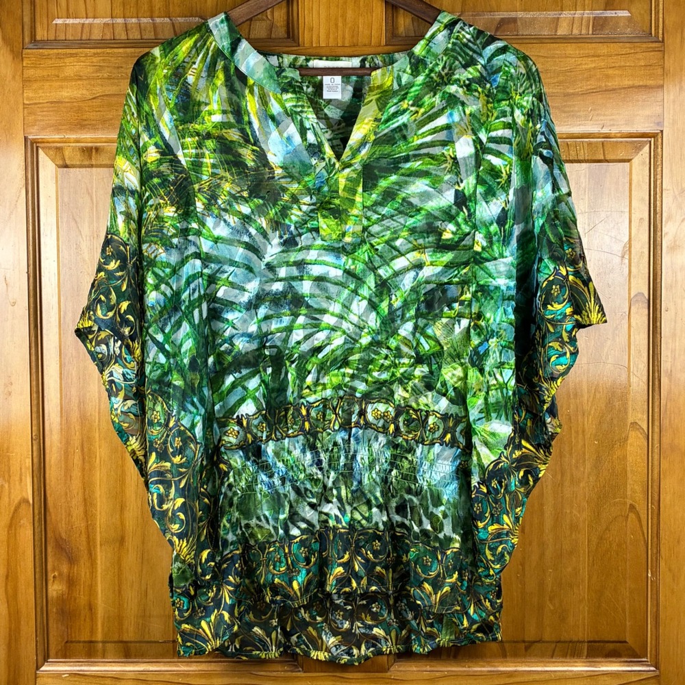 Chico's Sz 0 Green Tropical Baroque Silk Blend Smocked Waist Dolman Blouse